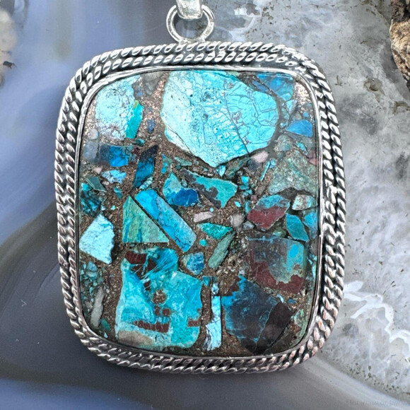Sterling Southwestern Style Large Square Cooper Turquoise Pendant For Women - Picture 6 of 10